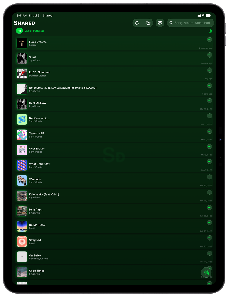 Shared on iPad Pro 13-inch showing History in the Green tint, dark appearance.