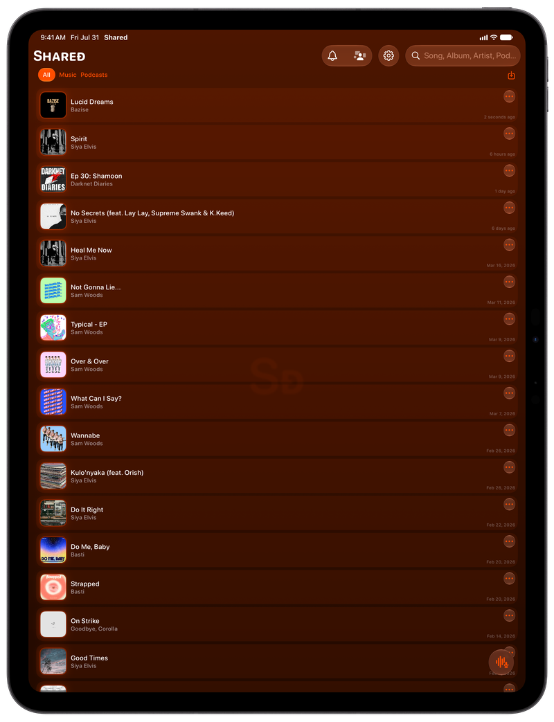 Shared on iPad Pro 13-inch showing History in the Orange tint, dark appearance.