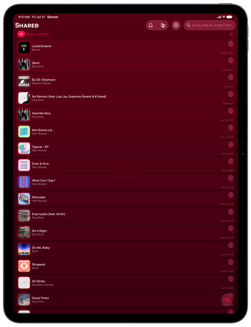 Shared on iPad Pro 13-inch showing History in the Pink tint, dark appearance.