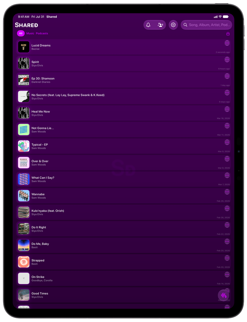 Shared on iPad Pro 13-inch showing History in the Purple tint, dark appearance.
