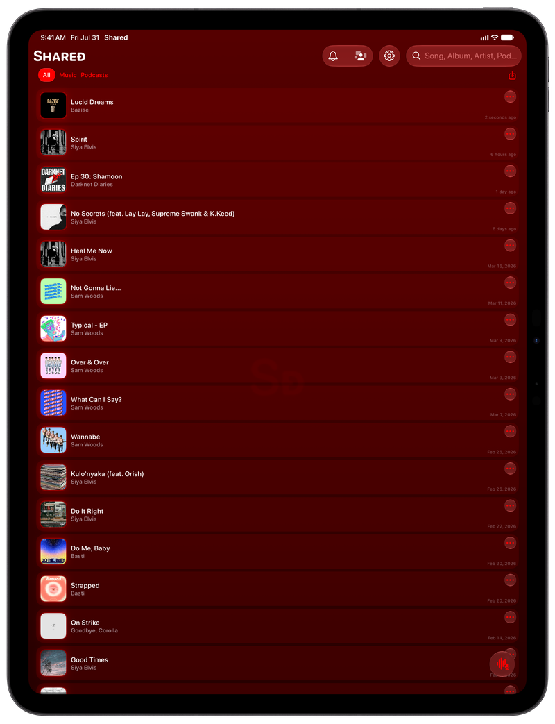 Shared on iPad Pro 13-inch showing History in the Red tint, dark appearance.