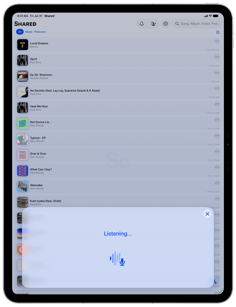 Shared on iPad Pro 13-inch showing Identifying Song in the Blue tint, light appearance.