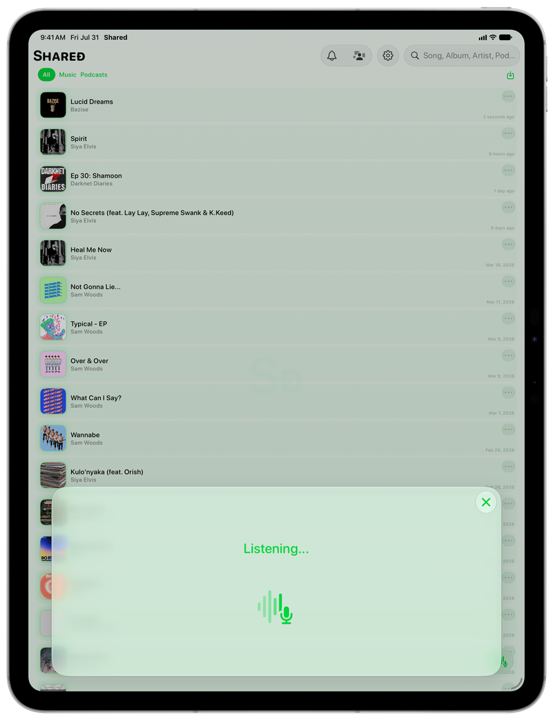 Shared on iPad Pro 13-inch showing Identifying Song in the Green tint, light appearance.