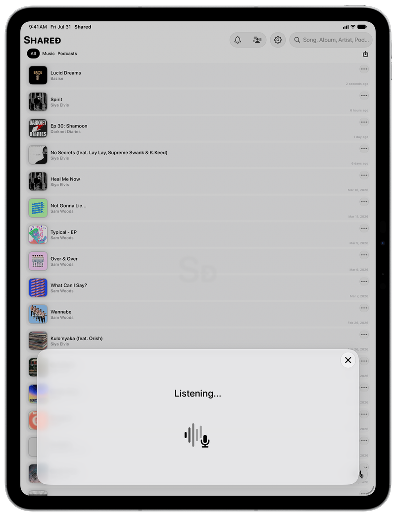 Shared on iPad Pro 13-inch showing Identifying Song in the Grey tint, light appearance.