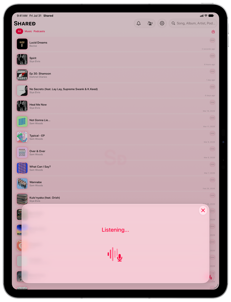 Shared on iPad Pro 13-inch showing Identifying Song in the Pink tint, light appearance.