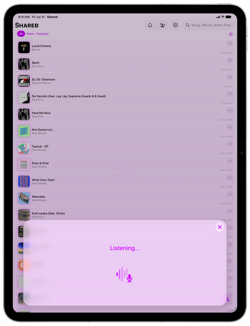 Shared on iPad Pro 13-inch showing Identifying Song in the Purple tint, light appearance.