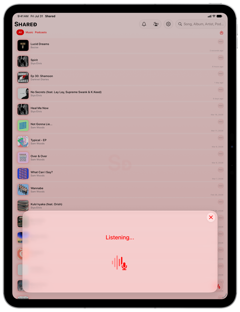 Shared on iPad Pro 13-inch showing Identifying Song in the Red tint, light appearance.
