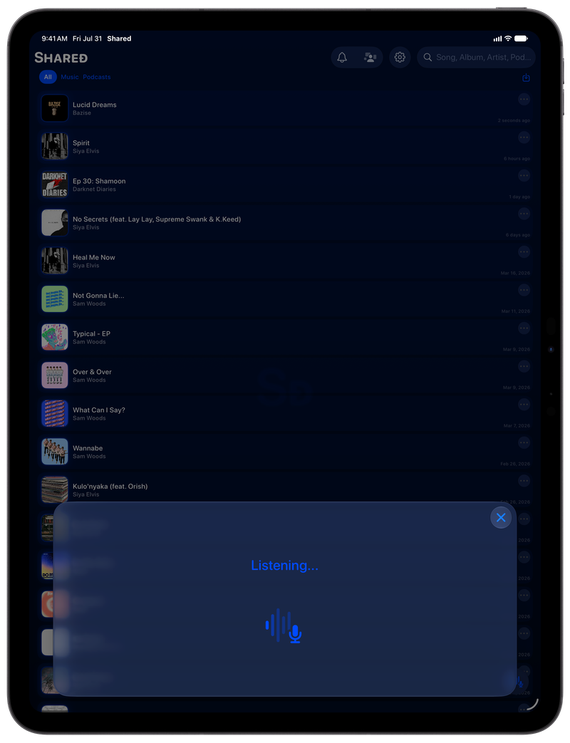 Shared on iPad Pro 13-inch showing Identifying Song in the Blue tint, dark appearance.