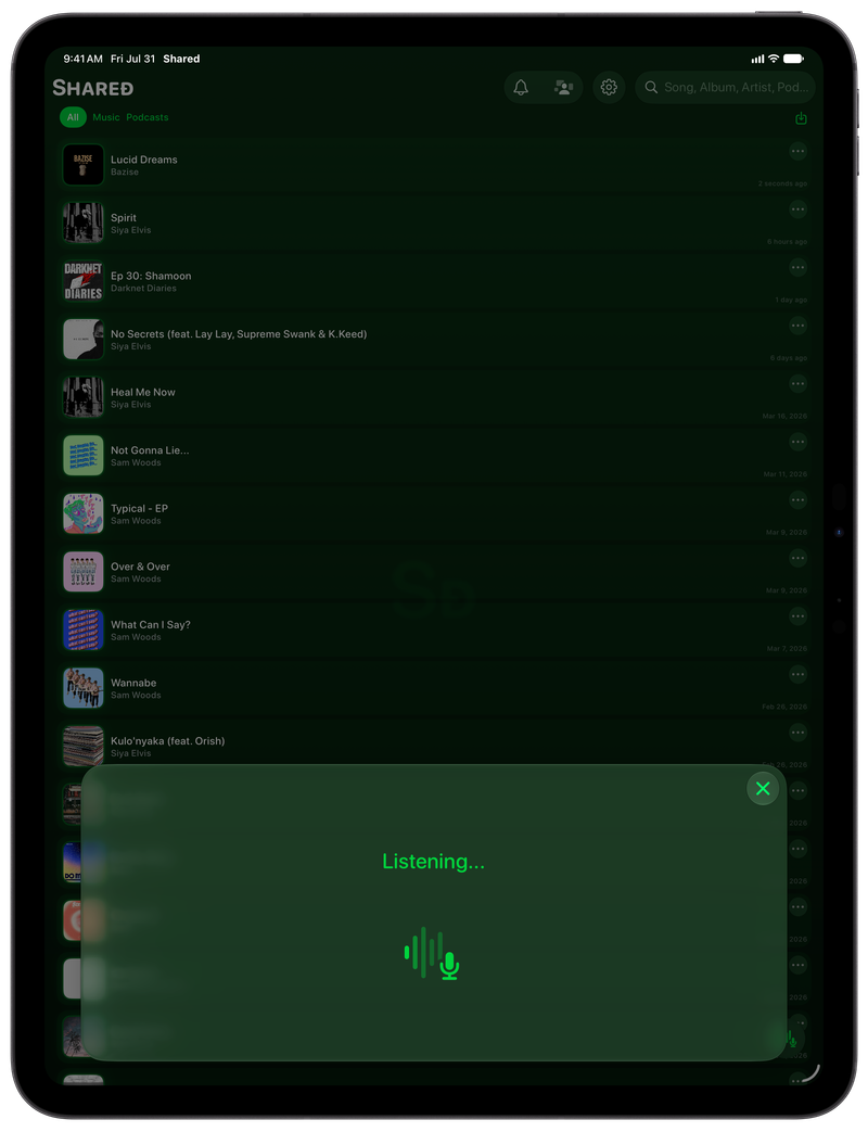 Shared on iPad Pro 13-inch showing Identifying Song in the Green tint, dark appearance.