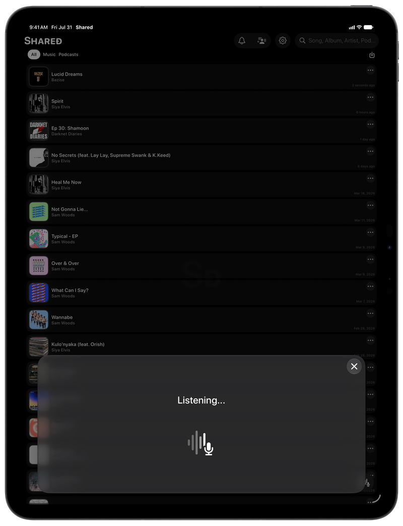 Shared on iPad Pro 13-inch showing Identifying Song in the Grey tint, dark appearance.