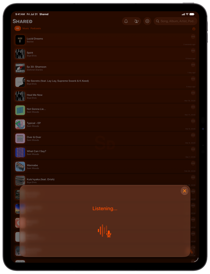 Shared on iPad Pro 13-inch showing Identifying Song in the Orange tint, dark appearance.