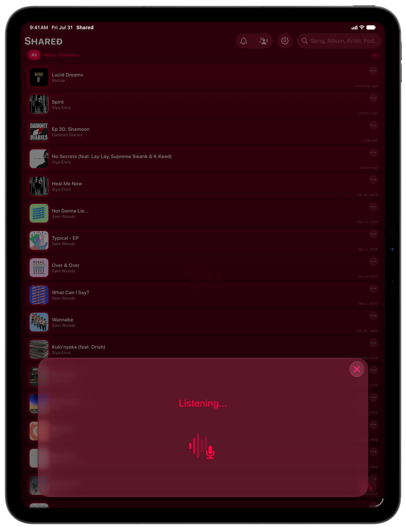 Shared on iPad Pro 13-inch showing Identifying Song in the Pink tint, dark appearance.