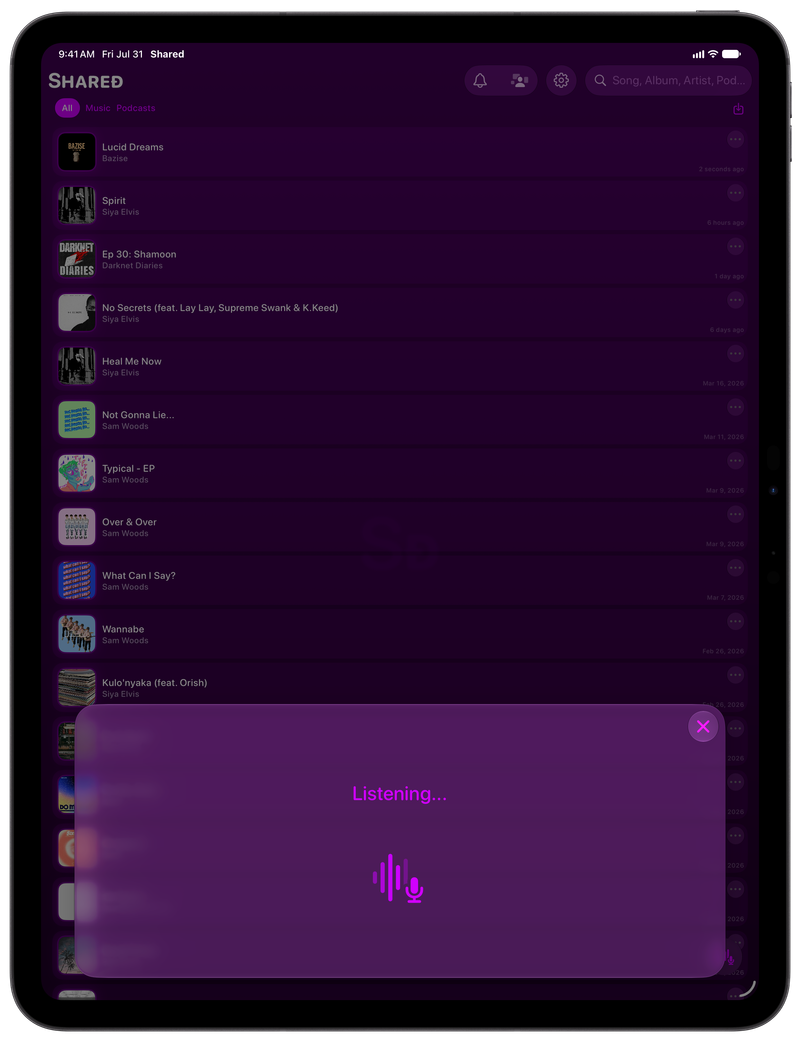 Shared on iPad Pro 13-inch showing Identifying Song in the Purple tint, dark appearance.