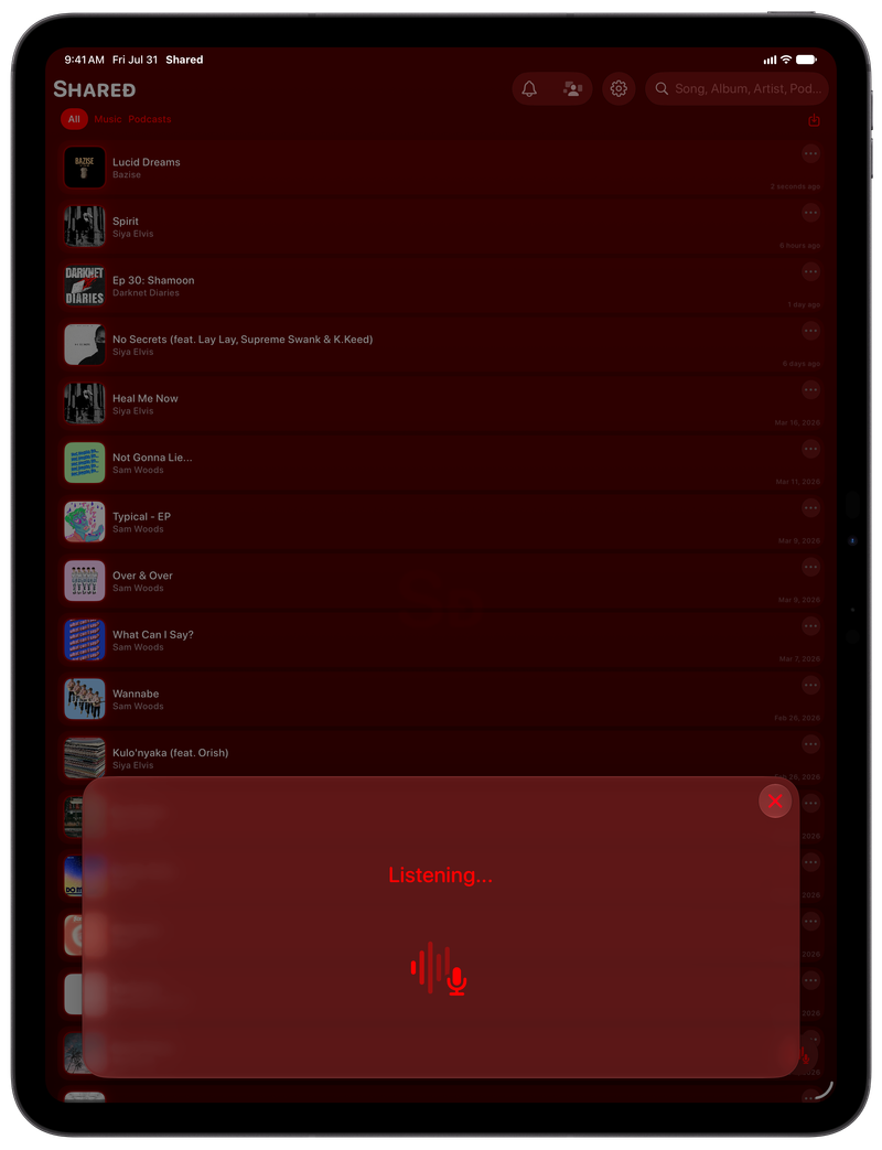Shared on iPad Pro 13-inch showing Identifying Song in the Red tint, dark appearance.