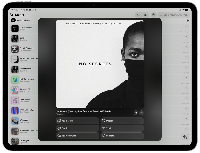 Shared on iPad Pro 13-inch showing Media View for No Secrets (feat. Lay Lay, Supreme Swank & K.Keed), light appearance.