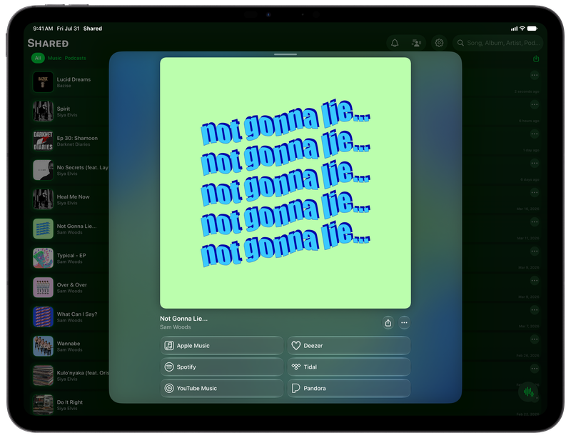 Shared on iPad Pro 13-inch showing Media View for Not Gonna Lie..., dark appearance.