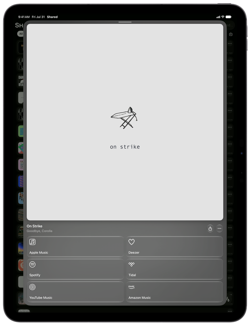Shared on iPad Pro 13-inch showing Media View for On Strike, dark appearance.