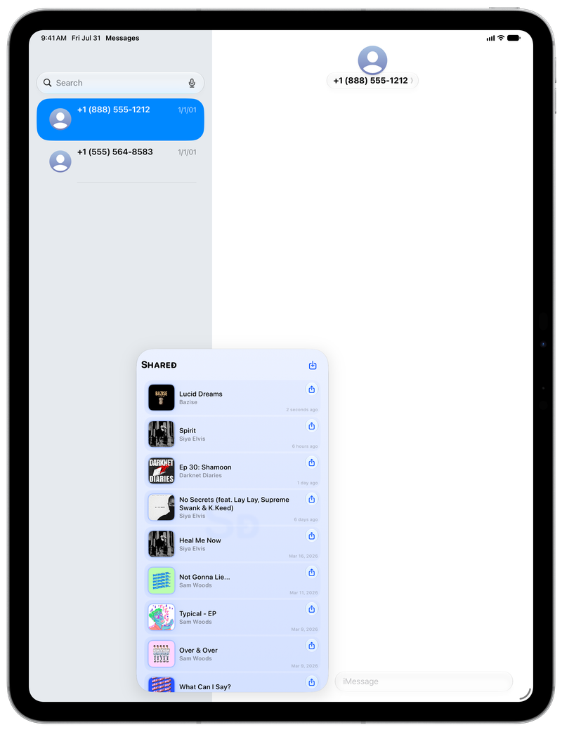Shared on iPad Pro 13-inch showing Shared in Messages in the Blue tint, light appearance.