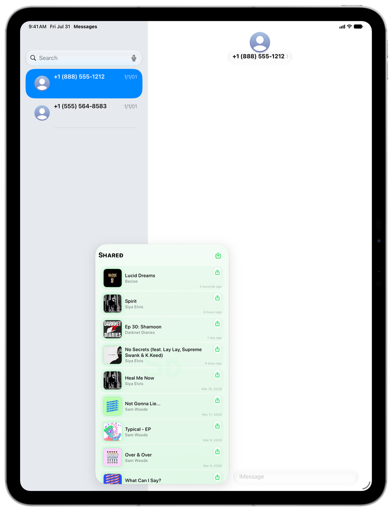 Shared on iPad Pro 13-inch showing Shared in Messages in the Green tint, light appearance.