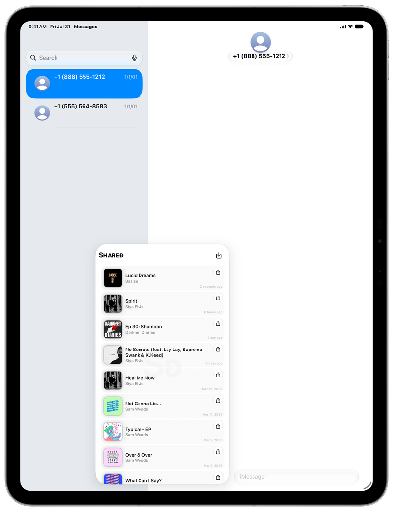 Shared on iPad Pro 13-inch showing Shared in Messages in the Grey tint, light appearance.