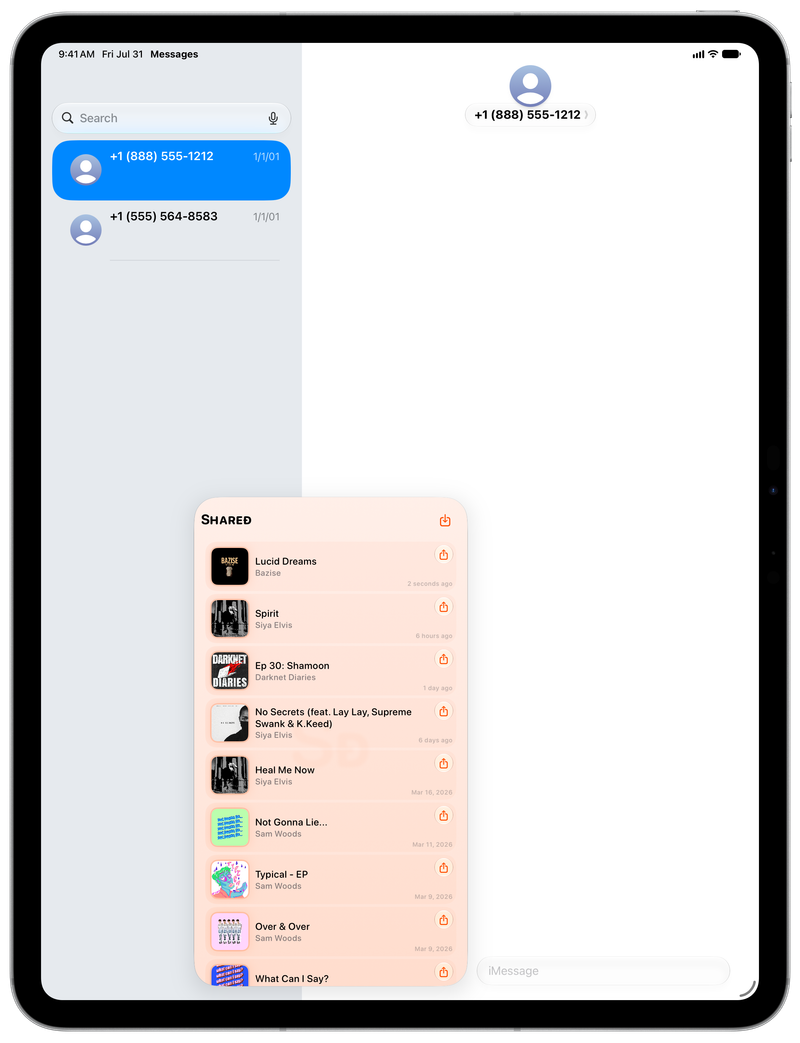 Shared on iPad Pro 13-inch showing Shared in Messages in the Orange tint, light appearance.