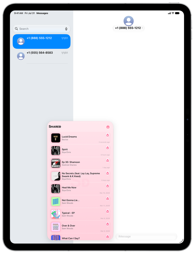 Shared on iPad Pro 13-inch showing Shared in Messages in the Pink tint, light appearance.