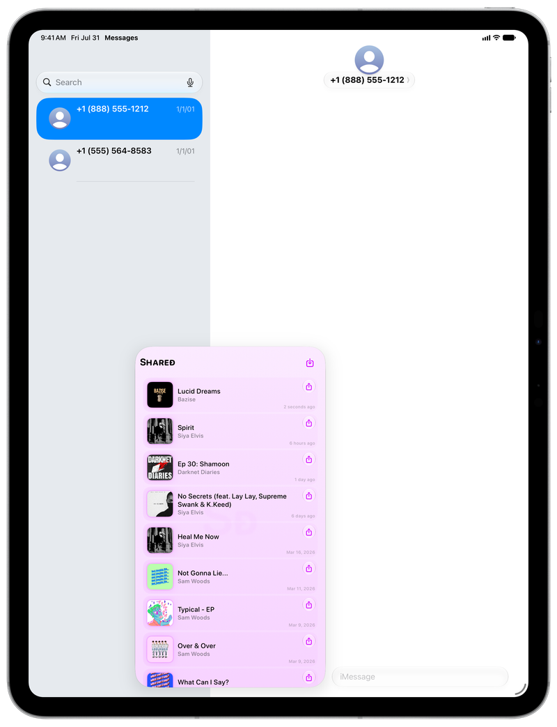 Shared on iPad Pro 13-inch showing Shared in Messages in the Purple tint, light appearance.