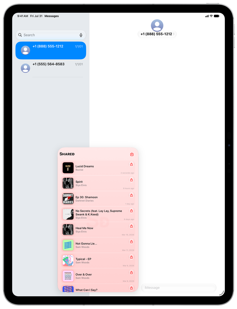 Shared on iPad Pro 13-inch showing Shared in Messages in the Red tint, light appearance.