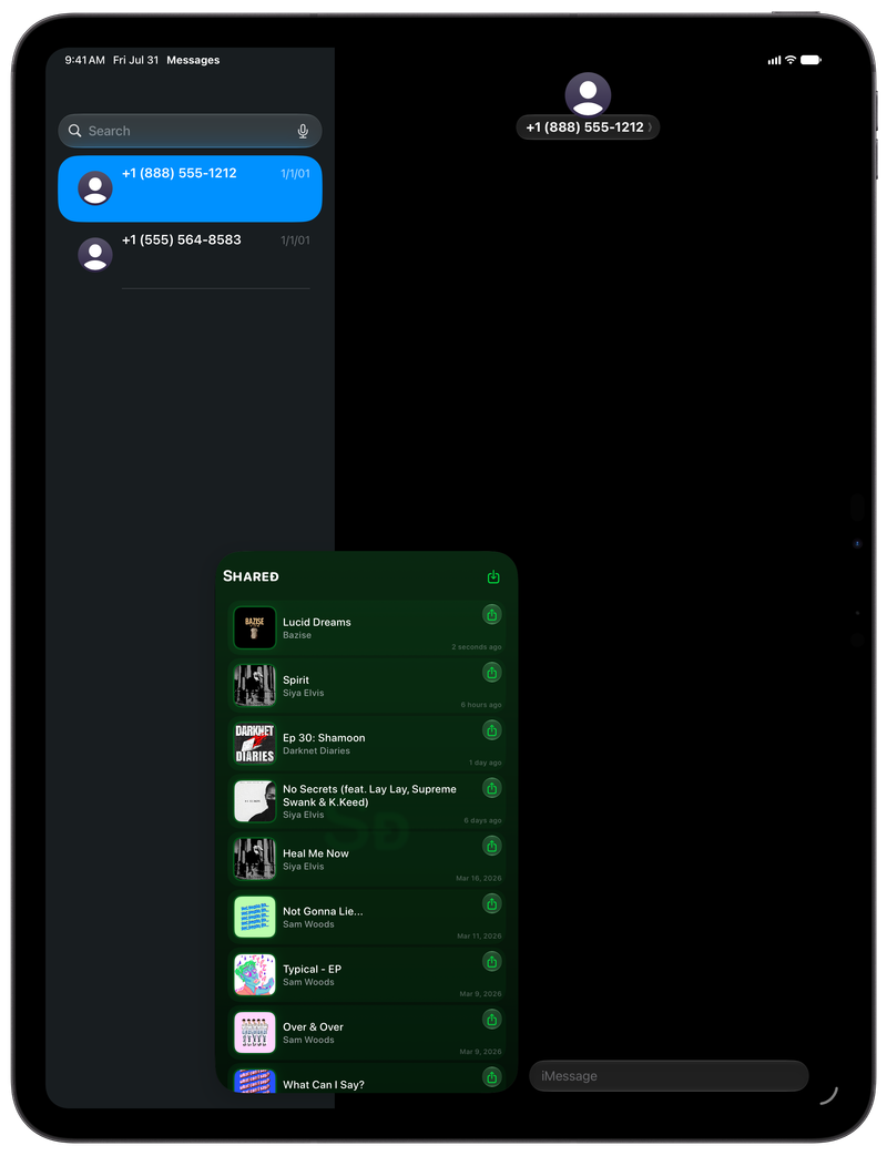 Shared on iPad Pro 13-inch showing Shared in Messages in the Green tint, dark appearance.