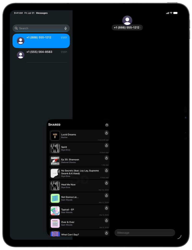 Shared on iPad Pro 13-inch showing Shared in Messages in the Grey tint, dark appearance.