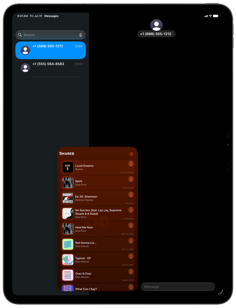 Shared on iPad Pro 13-inch showing Shared in Messages in the Orange tint, dark appearance.