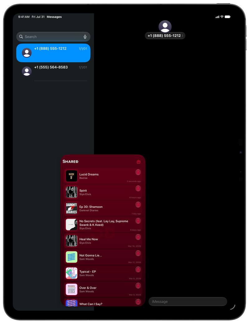 Shared on iPad Pro 13-inch showing Shared in Messages in the Pink tint, dark appearance.