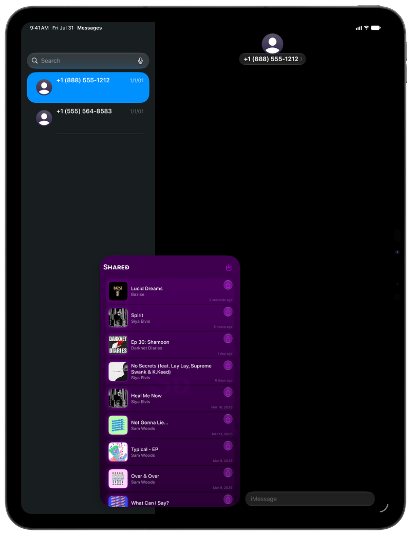 Shared on iPad Pro 13-inch showing Shared in Messages in the Purple tint, dark appearance.