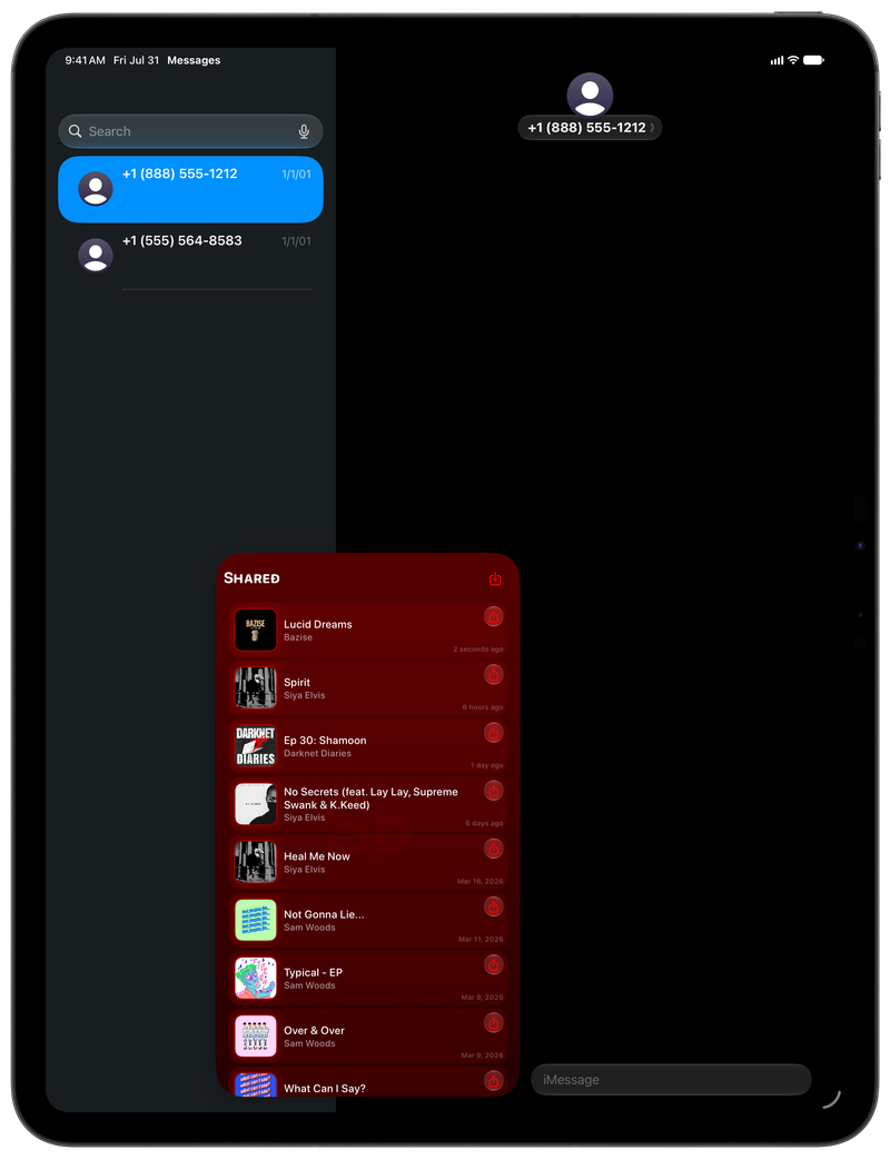 Shared on iPad Pro 13-inch showing Shared in Messages in the Red tint, dark appearance.