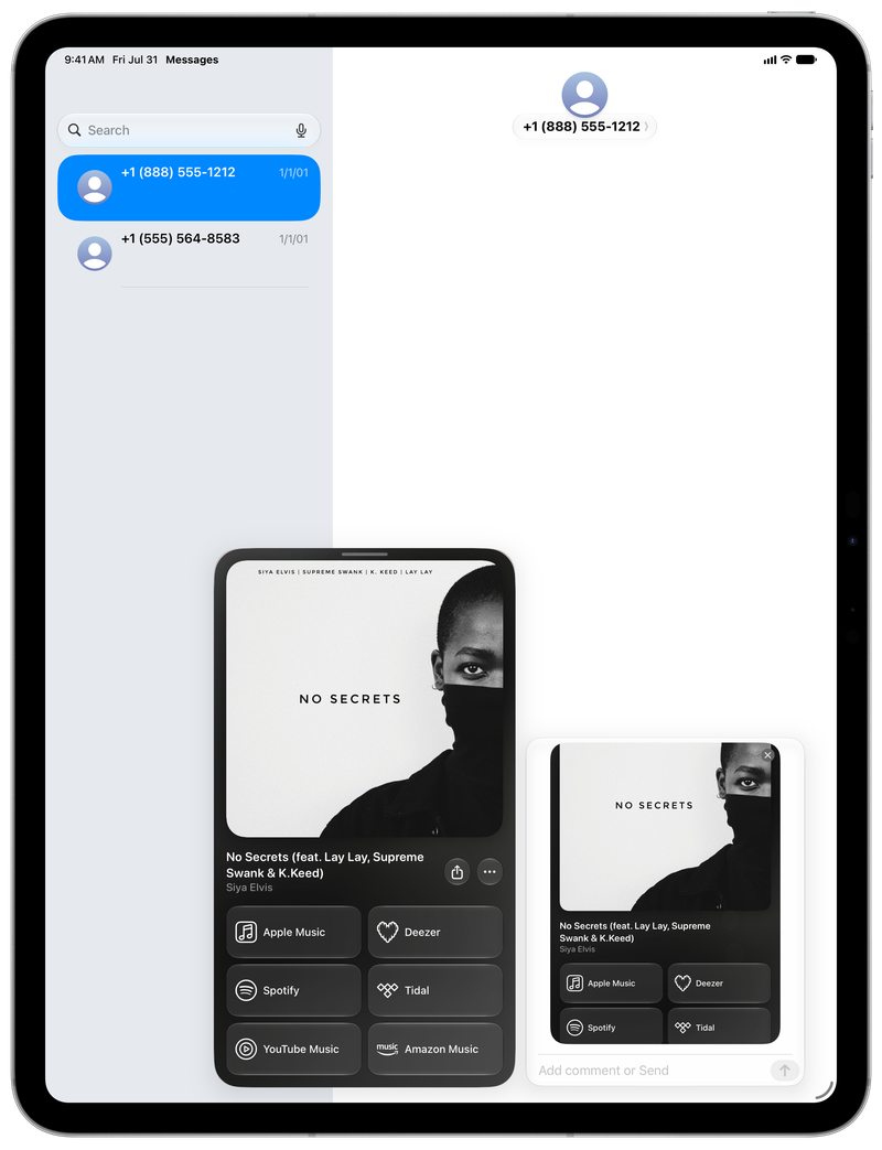 Shared on iPad Pro 13-inch showing Share as Image in Messages for No Secrets (feat. Lay Lay, Supreme Swank & K.Keed), light appearance.