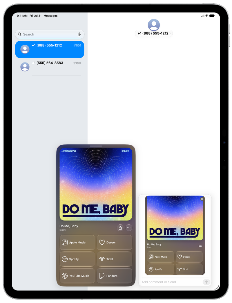 Shared on iPad Pro 13-inch showing Share as Image in Messages for Do Me, Baby, light appearance.