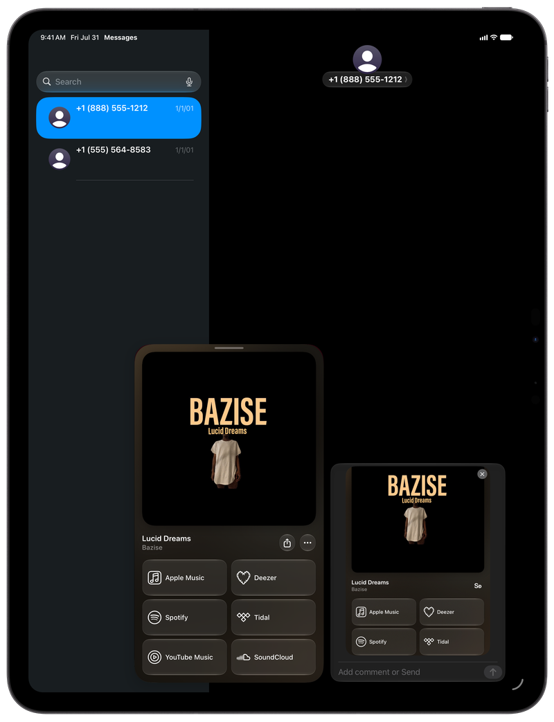 Shared on iPad Pro 13-inch showing Share as Image in Messages for Lucid Dreams, dark appearance.