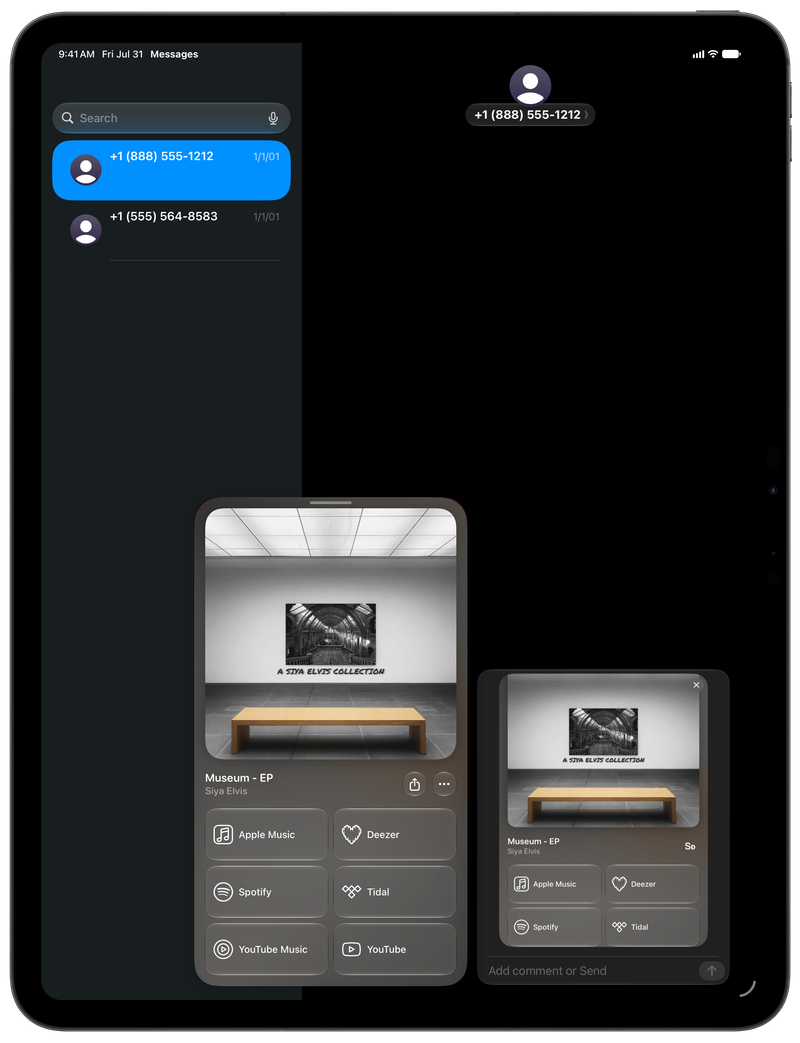 Shared on iPad Pro 13-inch showing Share as Image in Messages for Museum - EP, dark appearance.