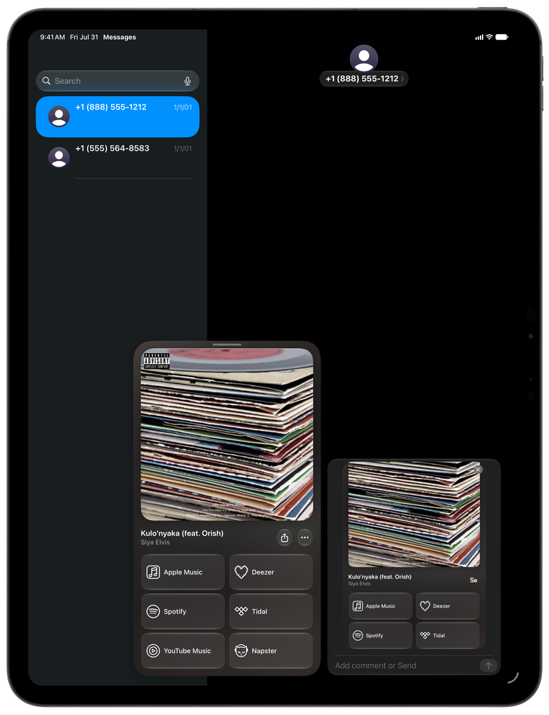 Shared on iPad Pro 13-inch showing Share as Image in Messages for Kulo'nyaka (feat. Orish), dark appearance.