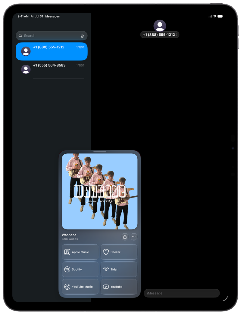 Shared on iPad Pro 13-inch showing Open in Shared from Messages for Wannabe, dark appearance.