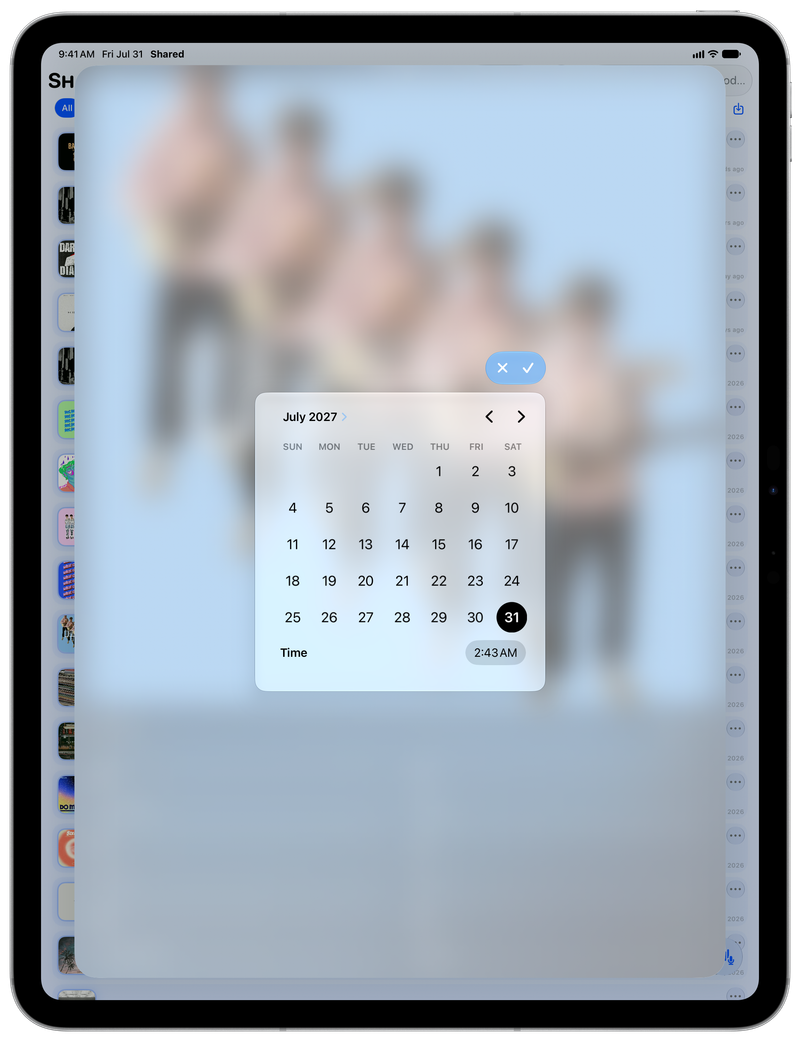 Shared on iPad Pro 13-inch showing Reminder Picker in the Blue tint, light appearance.