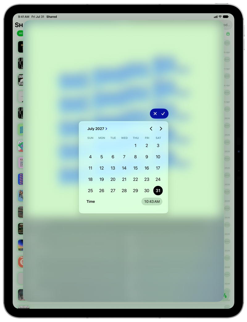 Shared on iPad Pro 13-inch showing Reminder Picker in the Green tint, light appearance.