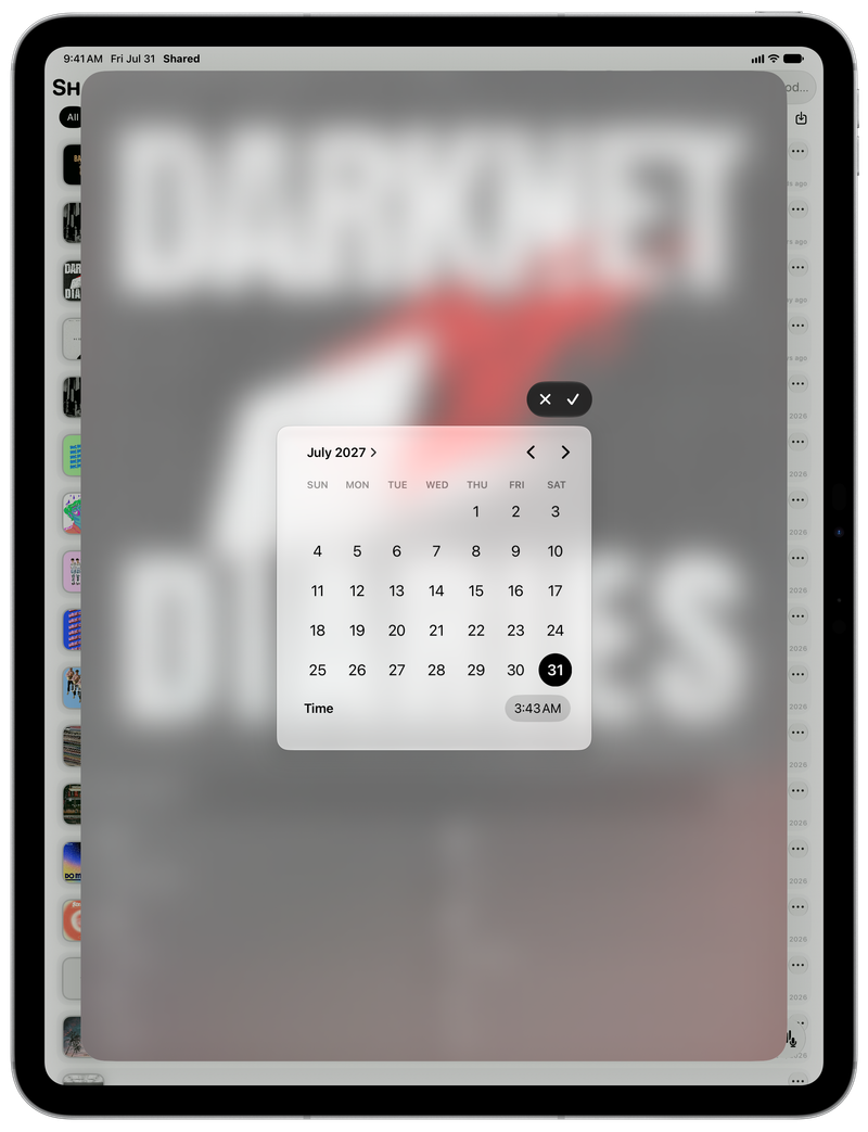 Shared on iPad Pro 13-inch showing Reminder Picker in the Grey tint, light appearance.