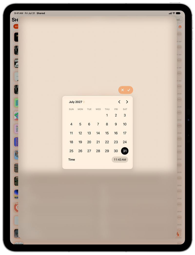 Shared on iPad Pro 13-inch showing Reminder Picker in the Orange tint, light appearance.