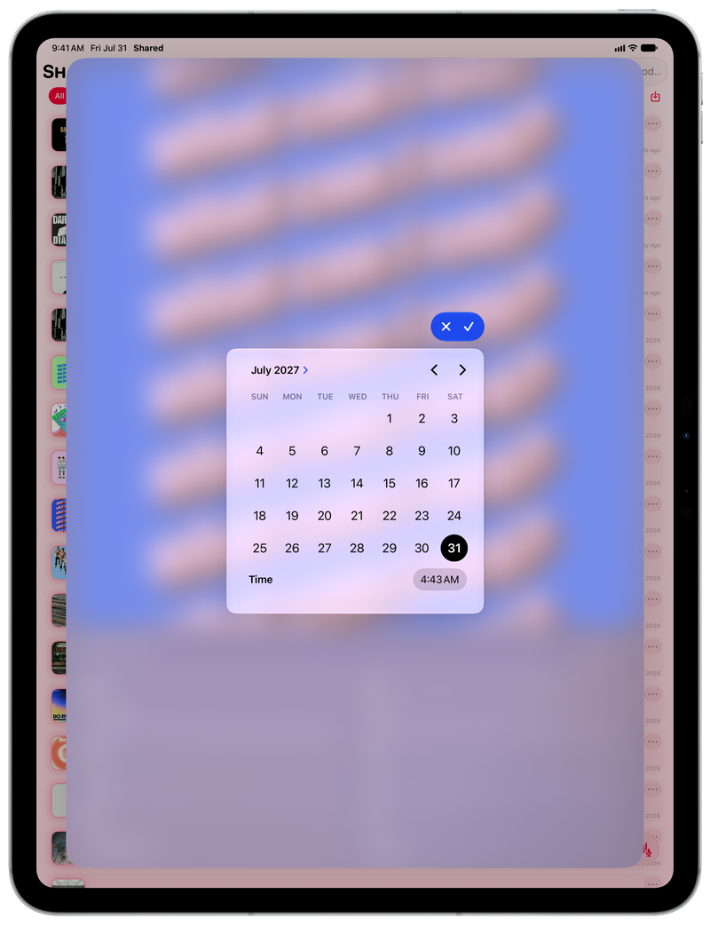 Shared on iPad Pro 13-inch showing Reminder Picker in the Pink tint, light appearance.