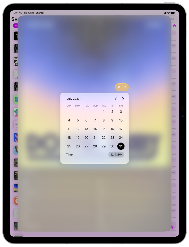Shared on iPad Pro 13-inch showing Reminder Picker in the Purple tint, light appearance.