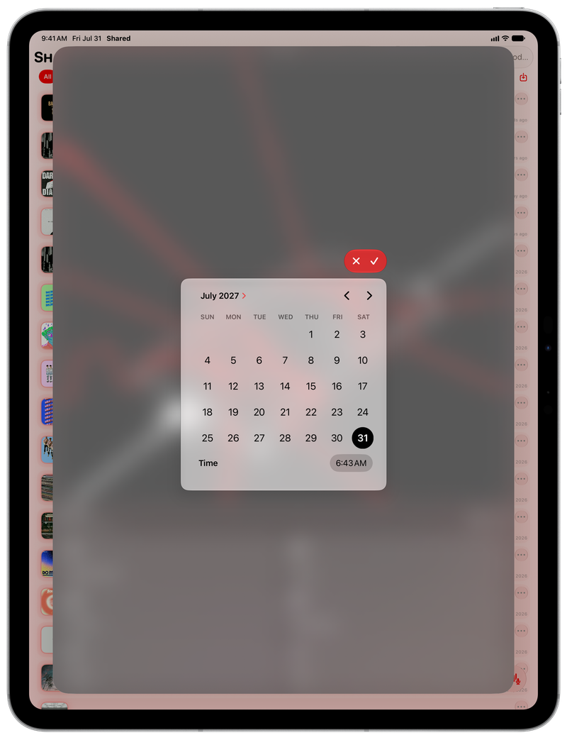 Shared on iPad Pro 13-inch showing Reminder Picker in the Red tint, light appearance.