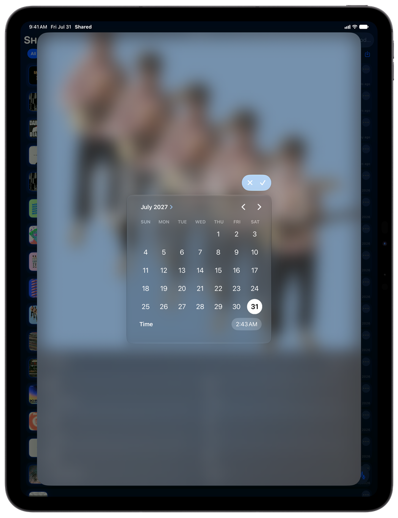 Shared on iPad Pro 13-inch showing Reminder Picker in the Blue tint, dark appearance.