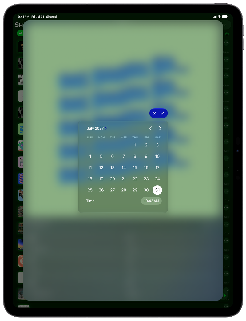 Shared on iPad Pro 13-inch showing Reminder Picker in the Green tint, dark appearance.