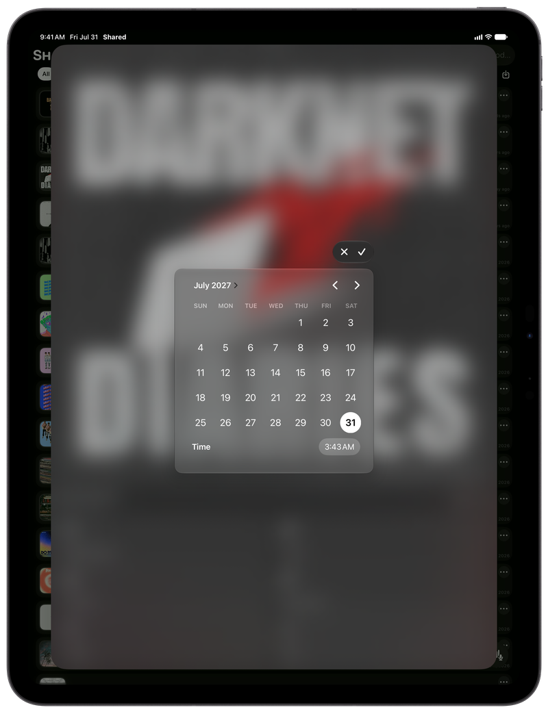 Shared on iPad Pro 13-inch showing Reminder Picker in the Grey tint, dark appearance.